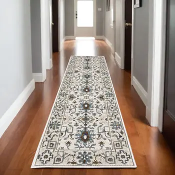 8' Ivory And Blue Oriental Runner Rug