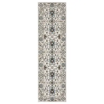 8' Ivory And Blue Oriental Runner Rug