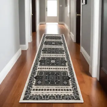 8' Gray And Blue Medallion Runner Rug