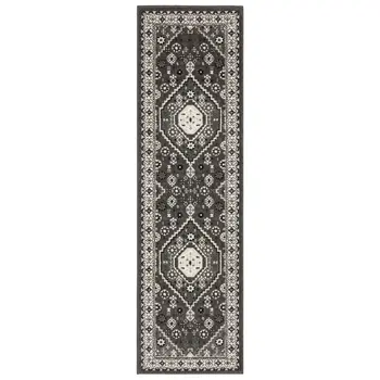8' Gray And Ivory Medallion Runner Rug