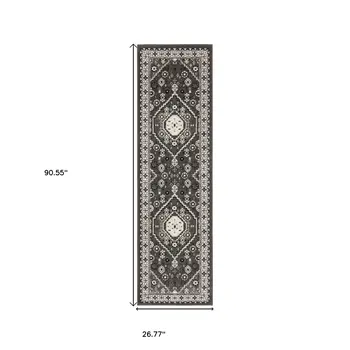 8' Gray And Ivory Medallion Runner Rug