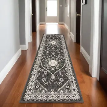 8' Gray And Ivory Medallion Runner Rug