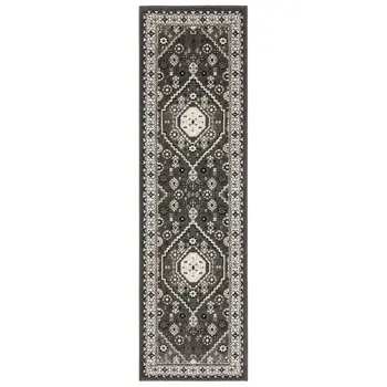 8' Gray And Ivory Medallion Runner Rug