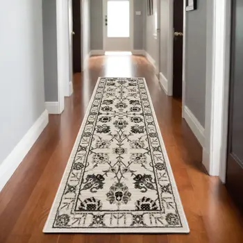 8' Ivory And Gray Oriental Runner Rug