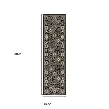 8' Charcoal And Gray Oriental Runner Rug