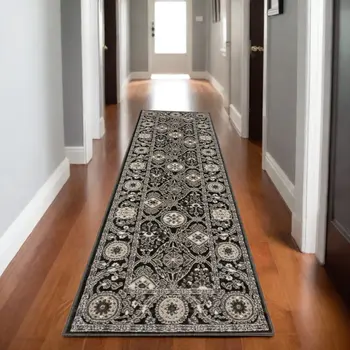 8' Charcoal And Gray Oriental Runner Rug