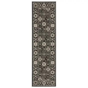 8' Charcoal And Gray Oriental Runner Rug