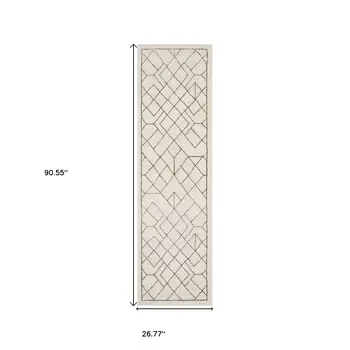 8' Ivory And Taupe Geometric Runner Rug