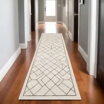 8' Ivory And Taupe Geometric Runner Rug