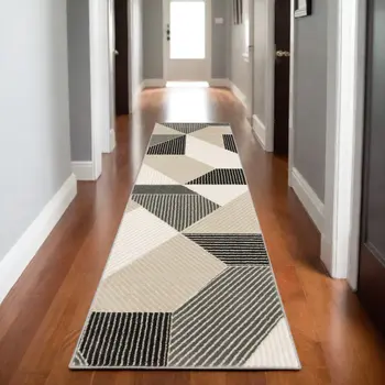 8' Ivory And Black Geometric Runner Rug