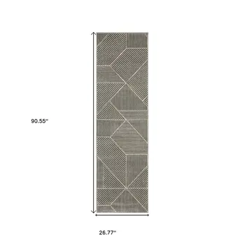8' Gray And Ivory Geometric Runner Rug