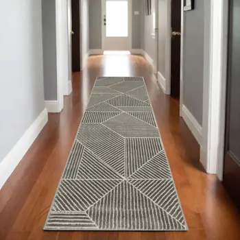 8' Gray And Ivory Geometric Runner Rug