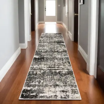 8' Gray And Ivory Abstract Runner Rug
