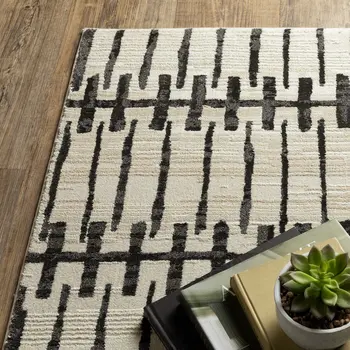 8' Beige And Black Geometric Runner Rug
