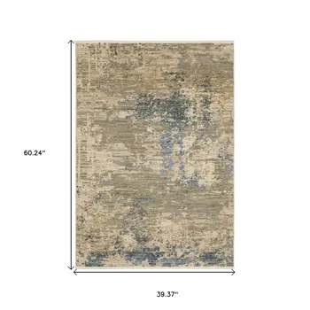 3' X 5' Beige And Blue Abstract Area Rug With Fringe
