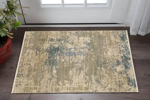 3' X 5' Beige And Blue Abstract Area Rug With Fringe