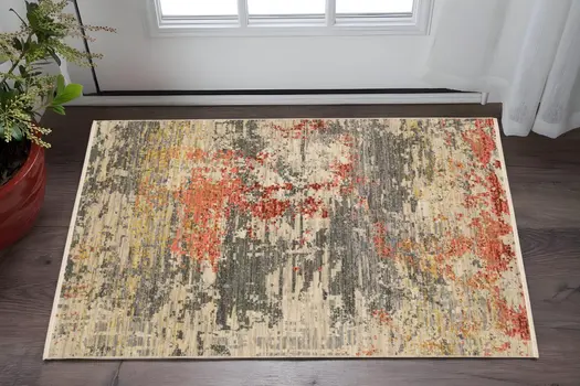 3' X 5' Beige And Pink Abstract Area Rug With Fringe