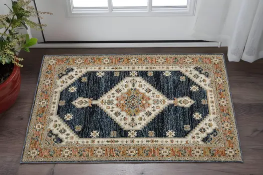 2' X 3' Blue And Orange Medallion Area Rug