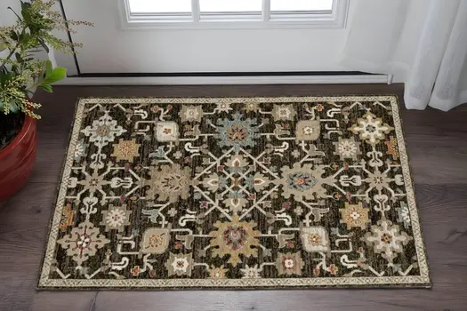 2' X 3' Brown Black And Ivory Oriental Area Rug