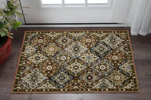 2' X 3' Red Yellow And Ivory Medallion Area Rug