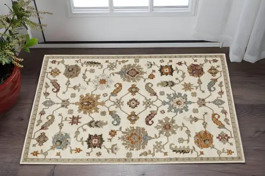 2' X 3' Ivory Tan And Black Oriental Area Rug