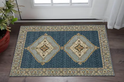 2' X 3' Blue And Gold Medallion Area Rug