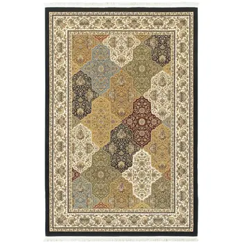 4' X 6' Navy Blue Tan And Black Oriental Area Rug With Fringe