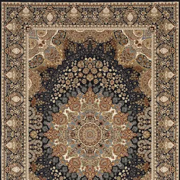 4' X 6' Navy Blue Black And Tan Medallion Area Rug With Fringe