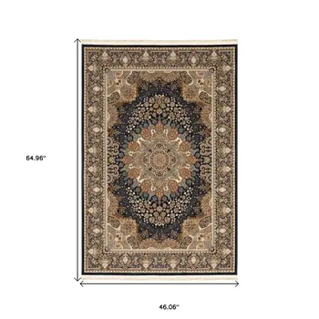 4' X 6' Navy Blue Black And Tan Medallion Area Rug With Fringe