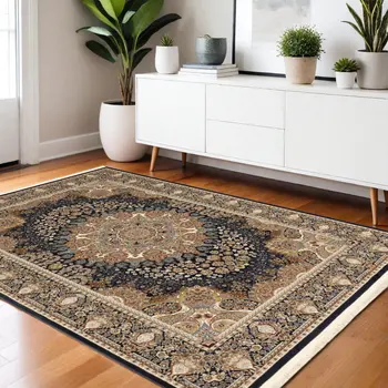 4' X 6' Navy Blue Black And Tan Medallion Area Rug With Fringe