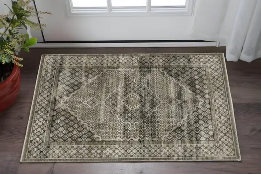 3' X 5' Gray And Beige Medallion Area Rug With Fringe