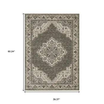 3' X 5' Gray And Beige Medallion Area Rug With Fringe