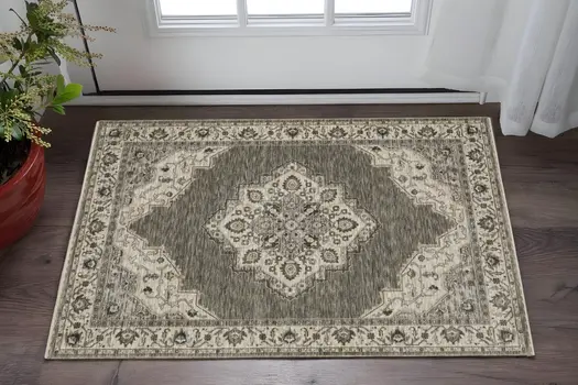 3' X 5' Gray And Beige Medallion Area Rug With Fringe