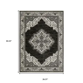 3' X 5' Charcoal And Ivory Medallion Area Rug With Fringe