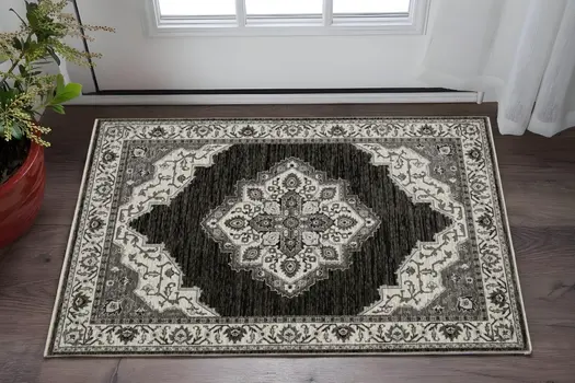 3' X 5' Charcoal And Ivory Medallion Area Rug With Fringe