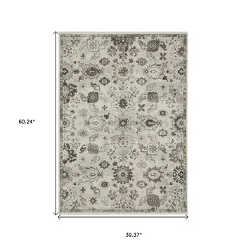 3' X 5' Ivory And Gray Oriental Area Rug With Fringe