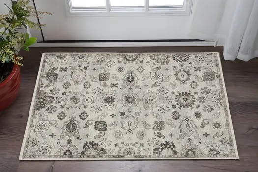 3' X 5' Ivory And Gray Oriental Area Rug With Fringe
