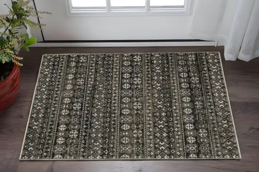 3' X 5' Black And Gray Tribal Area Rug With Fringe