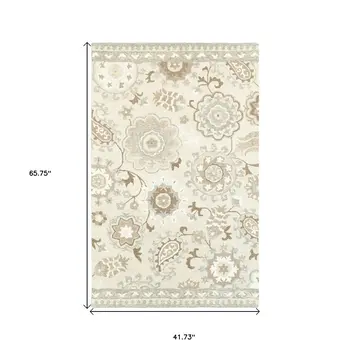 4' X 6' Ivory And Gray Wool Floral Hand Tufted Area Rug