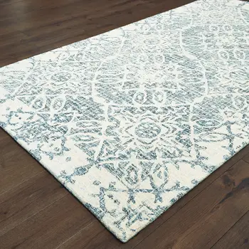 5' X 8' Blue And Ivory Wool Geometric Hand Tufted Area Rug