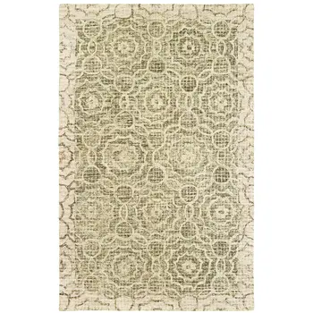 5' X 8' Green And Ivory Wool Geometric Hand Tufted Area Rug
