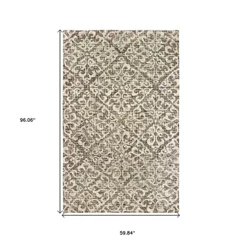 5' X 8' Brown And Ivory Wool Floral Hand Tufted Area Rug