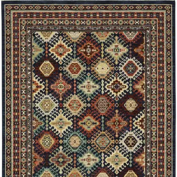 3' X 5' Navy Blue Ivory And Brown Oriental Area Rug With Fringe