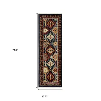 6' Navy Blue Ivory And Orange Oriental Runner Rug With Fringe