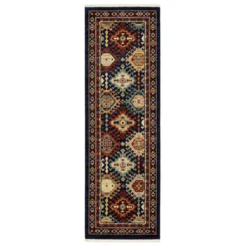 6' Navy Blue Ivory And Orange Oriental Runner Rug With Fringe