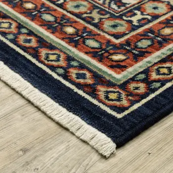 6' Navy Blue Ivory And Orange Oriental Runner Rug With Fringe