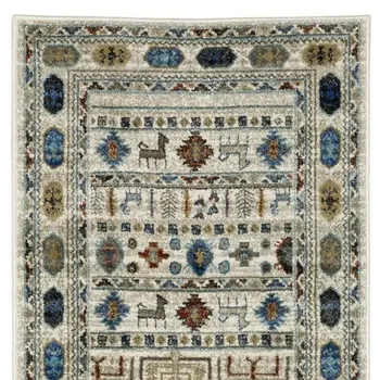 8' Ivory Teal And Gray Tribal Runner Rug