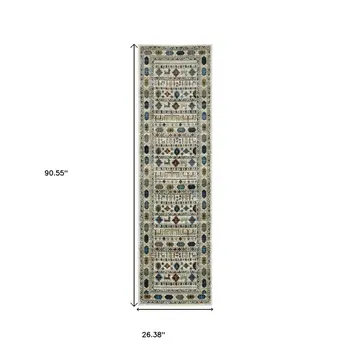 8' Ivory Teal And Gray Tribal Runner Rug