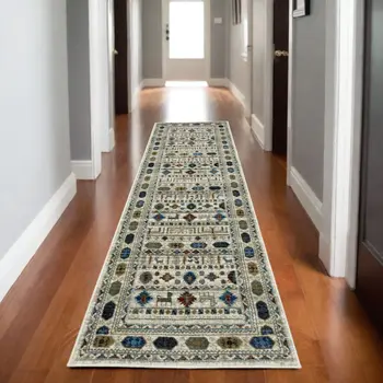 8' Ivory Teal And Gray Tribal Runner Rug