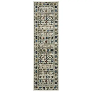 8' Ivory Teal And Gray Tribal Runner Rug